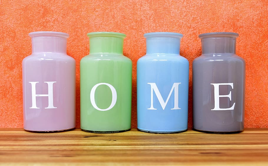 casa, em casa, vasos, colorido, vidro, decoração, recipiente, garrafa, dentro de casa, azul
