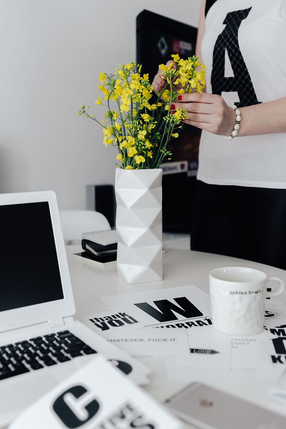 workspace, yellow, flowers, female, minimal, white, workplace, table, desk, femine
