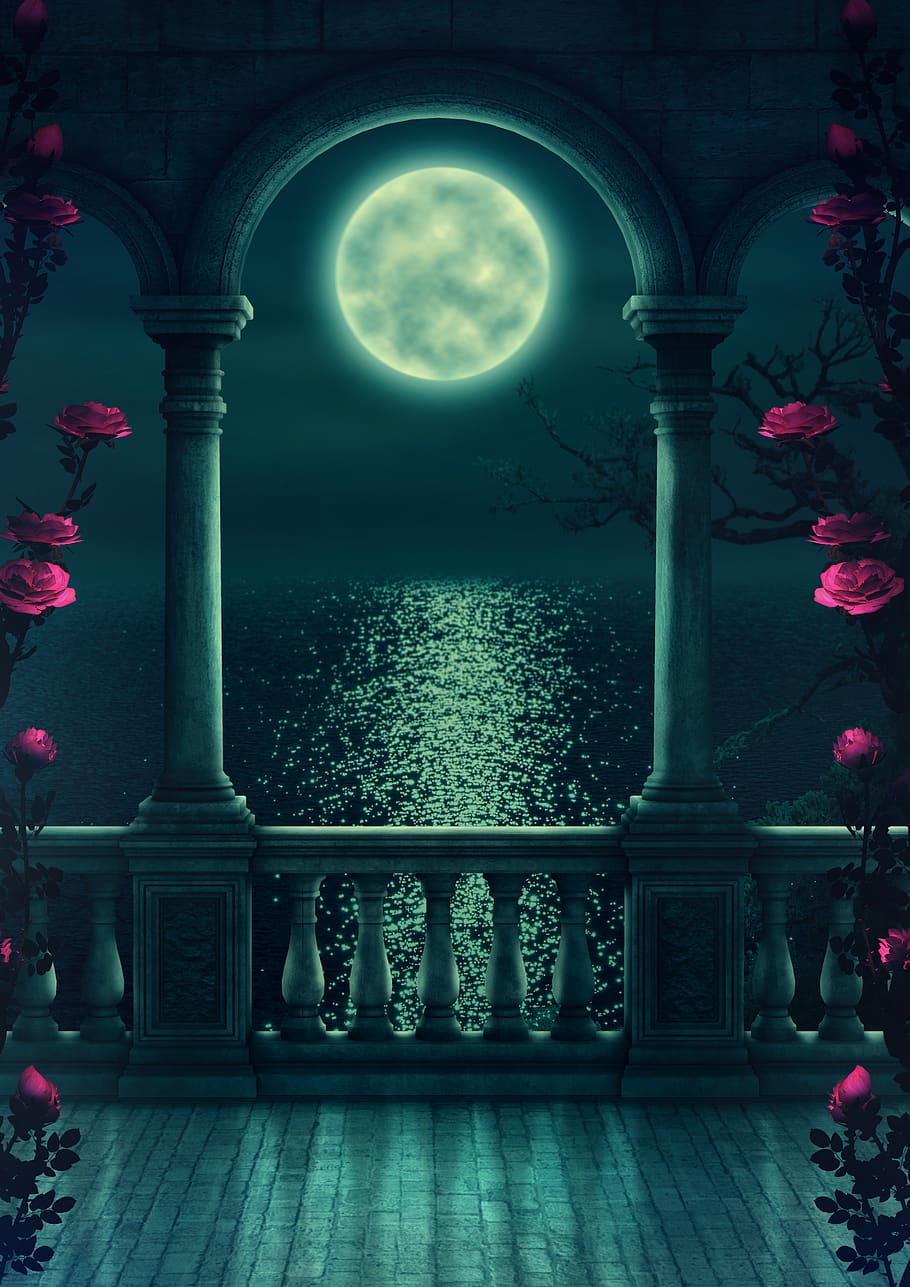 fantasy, balcony, moon, romantic, tree, moonlight, vault, antique, fairytale, sea