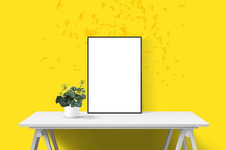 poster, frame, wall, desk, plant, yellow, table, vase, indoors, wall - building feature