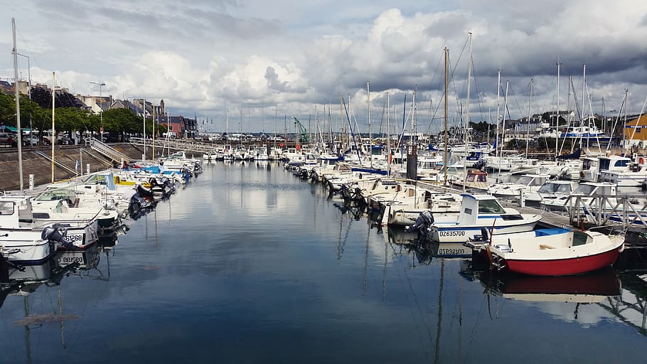boats, sea, brittany, clouds, grey sky, port, landscape, photography, art, reflection
