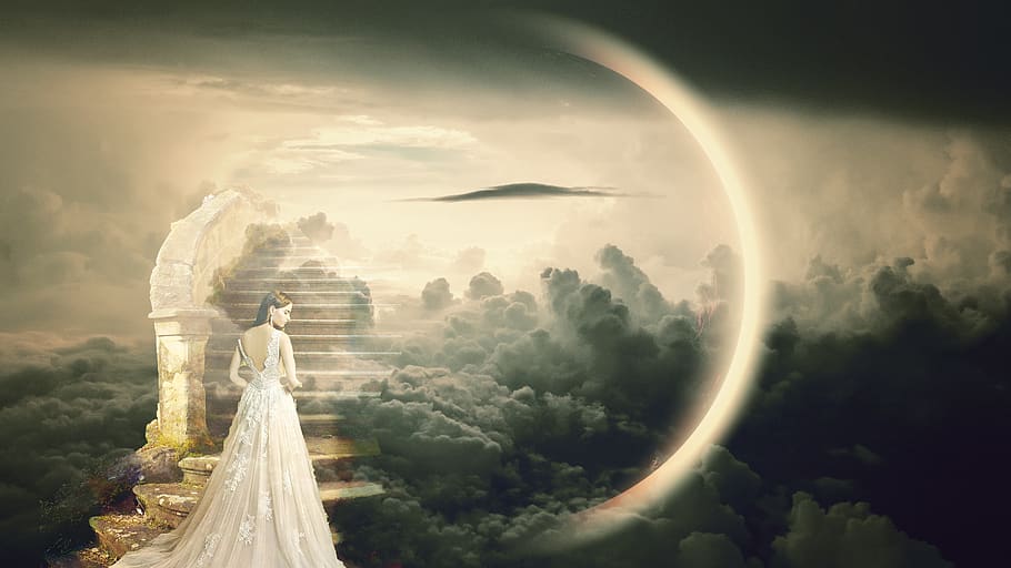 dreams, heaven stairs, fantasy, woman, dress, mysterious, fairytale, magic, clouds, moon