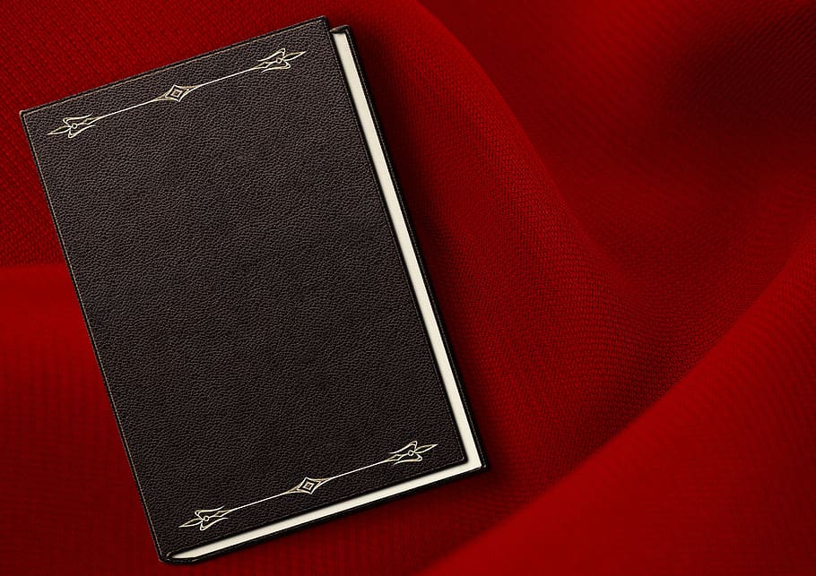 book, embossing, ornament, embossed, empty, book cover, front and back covers, black, fabric, red