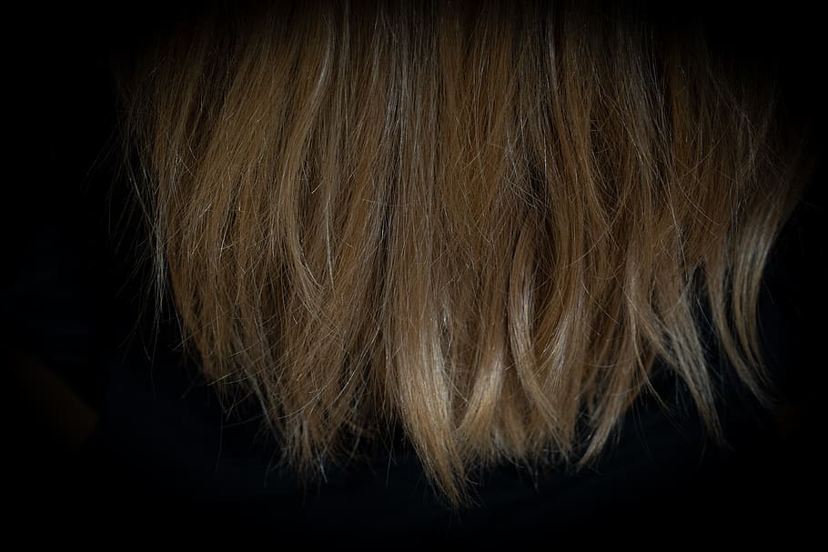 cabello, puntas para el cabello, rubio, rubio oscuro, femenino, de cerca, fondo negro, tiro del estudio, cabello humano, peinado