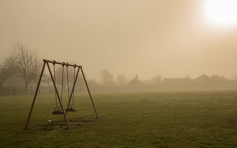 play, park, morning, field, sunrise, grass, swings, empty, quiet, fog