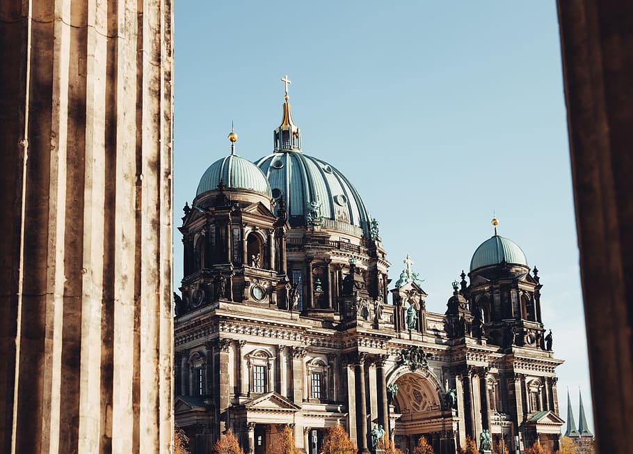 berlin cathedral, columns, sunset, architecture, art, cathedral, church, column, dome, europe