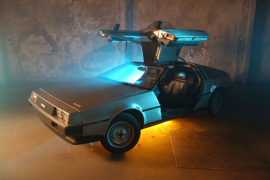 vehicle, car, parking lot, delorean, dmc, stainless steel, back to the future, bttf, time machine, lighting