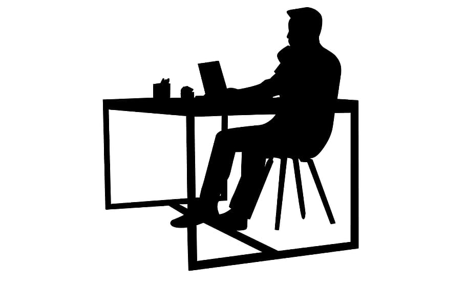 silhueta, escrivaninha, analisar, navegar, empresário, ocupado, cadeira, computador, educação, emprego