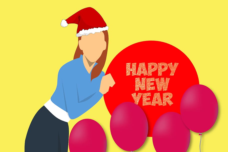 ilustrasi, wanita, topi santa, bahagia, baru, pesan tahun, pesan., tahun baru, kartu, dewasa