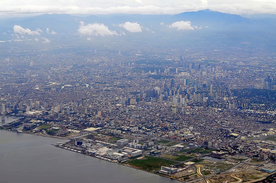 manila, filipinas, ciudad, vista, avión, urbano, cielo, rascacielos, makati, arquitectura
