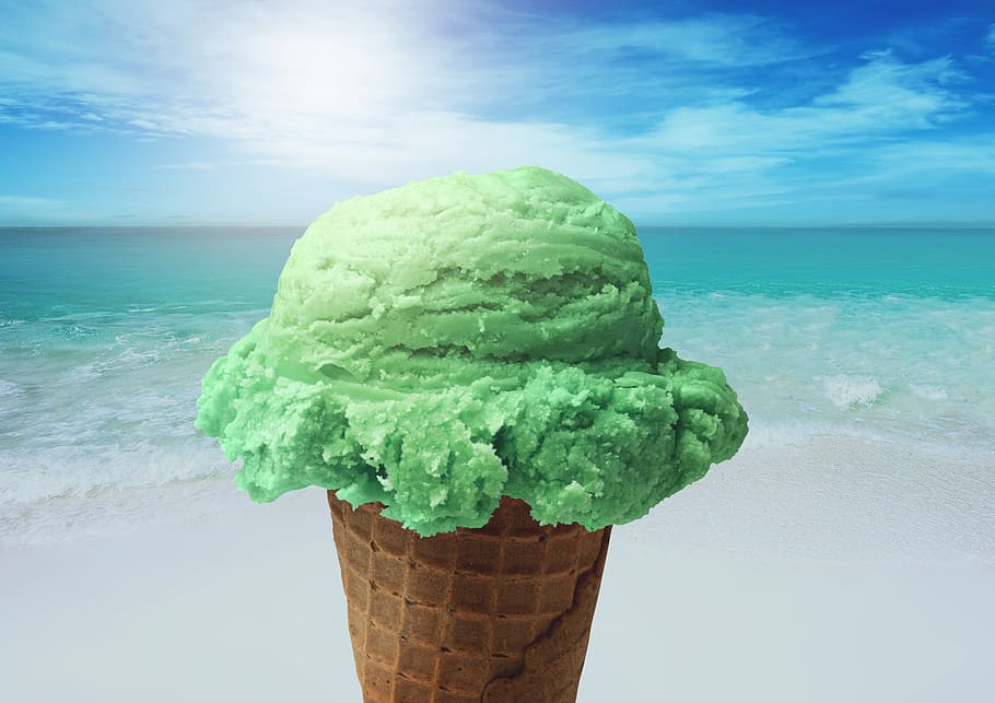 hielo, sol, playa, mar, ola, caliente, cono de helado, helado de gofres, verano, de cerca