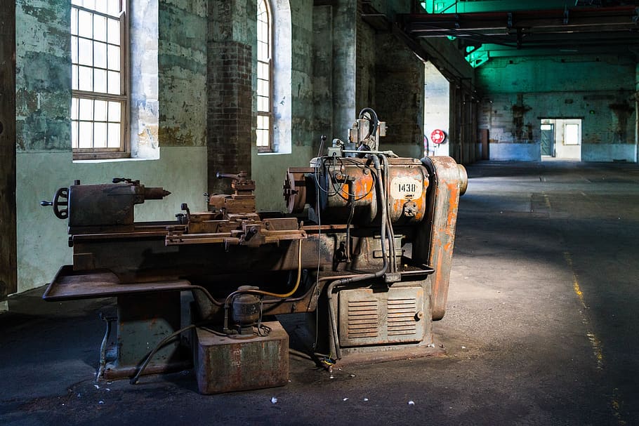 industrial, equipment, machinery, old, abandoned, rusty, weathered, hall, turning, lathe