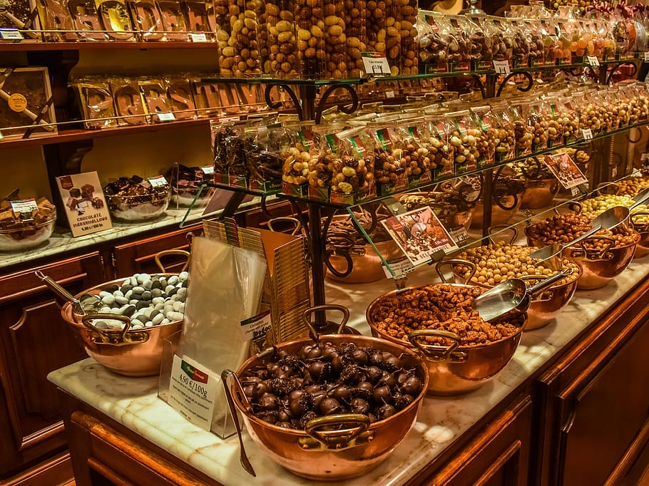 chocolaterie, toko, interior, cokelat, brussels, belgia, gula-gula, makanan dan minuman, pilihan, makanan