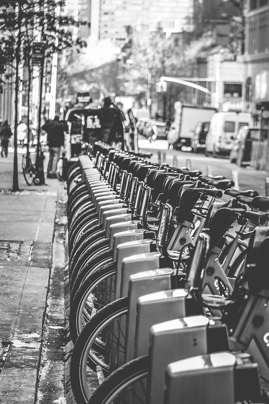Bicicletas, ciudad, calles, blanco y negro, Nueva York, modo de transporte, calle, transporte, arquitectura, en una fila