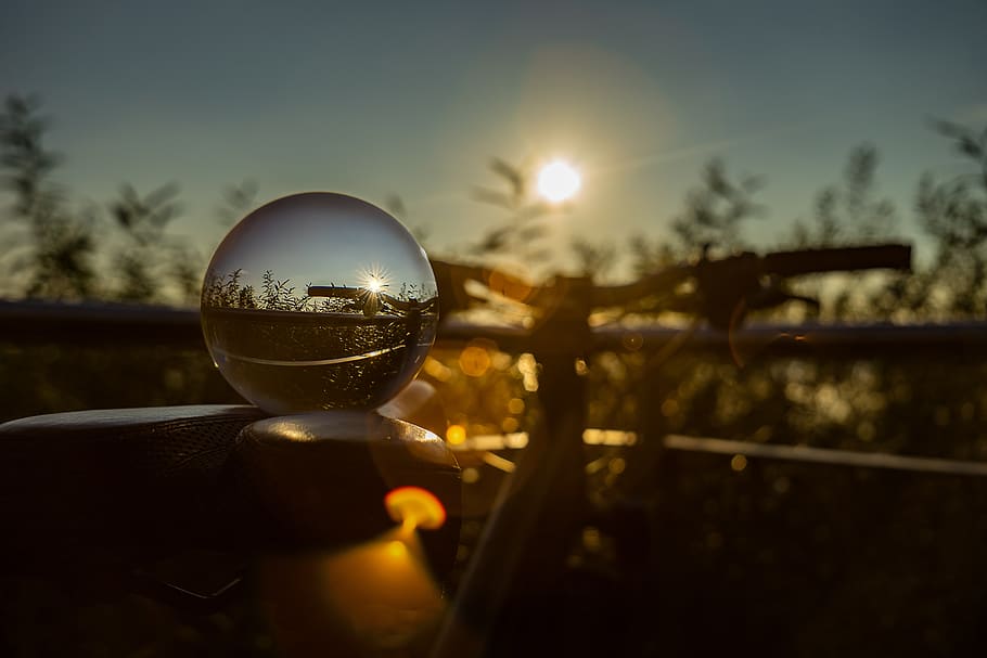 nature, landscape, bicycle tour, glass ball, photography, sunset, summer, lens flare, lake constance, mirroring