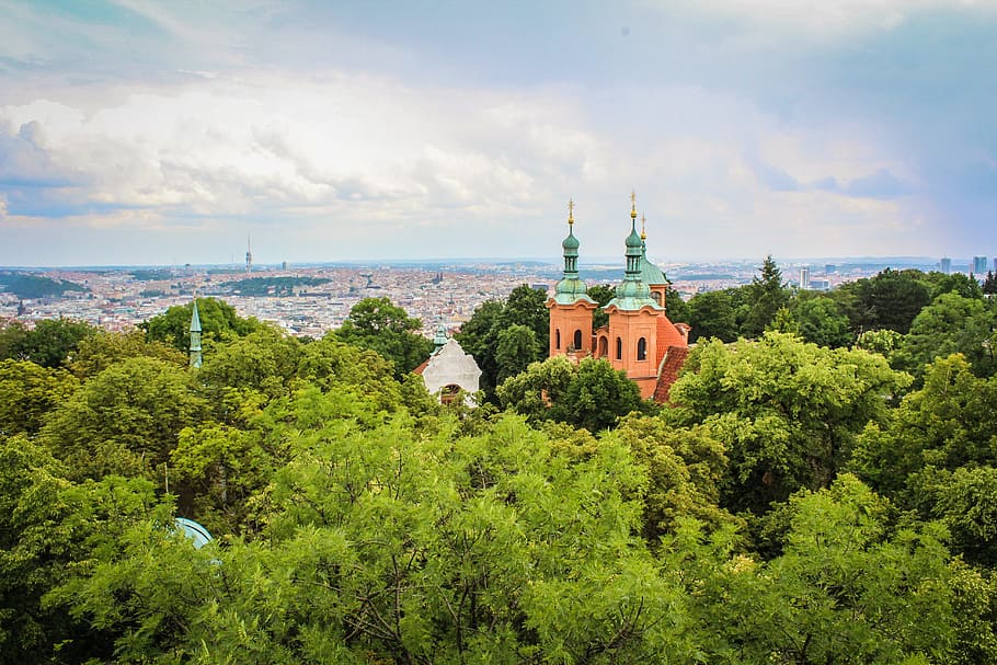 landscape, trees, synagoge, view, prague, sky, clouds, green, nature, tree