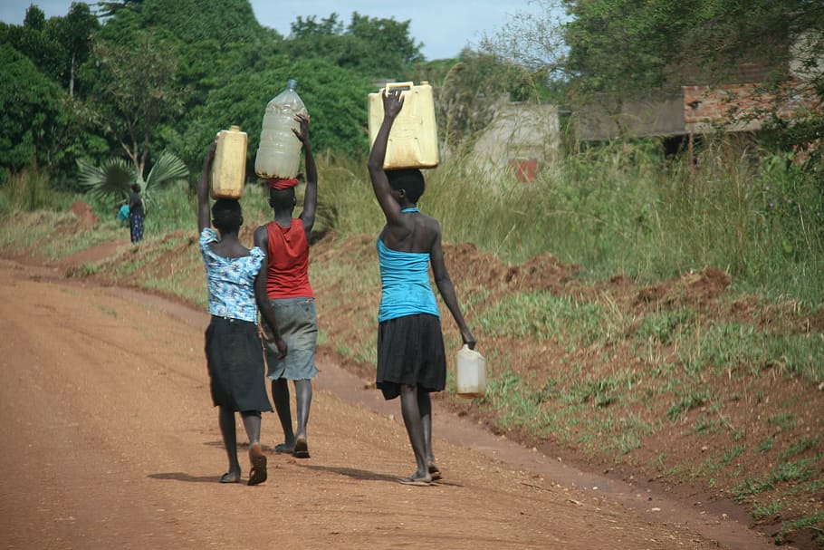 agua, ganador de agua, mujeres, áfrica, uganda, mujer, sociable, camino, vista posterior, personas reales