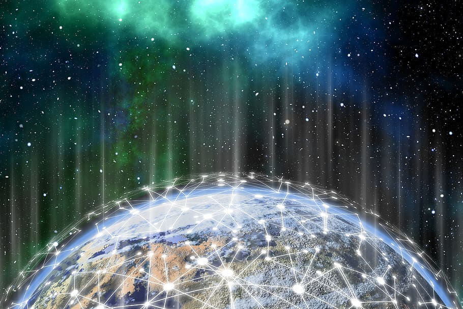 rede, terra, cadeia de blocos, globo, digitalização, comunicação, em todo o mundo, conexão, tecnologia, estrela