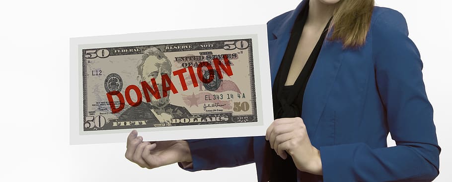 donation, woman, presentation, shield, board, note, dollar, money, business, one person