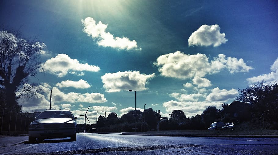 clouds, road, street, blue sky, sky, car, transport, retro, dramatic, cloud - sky