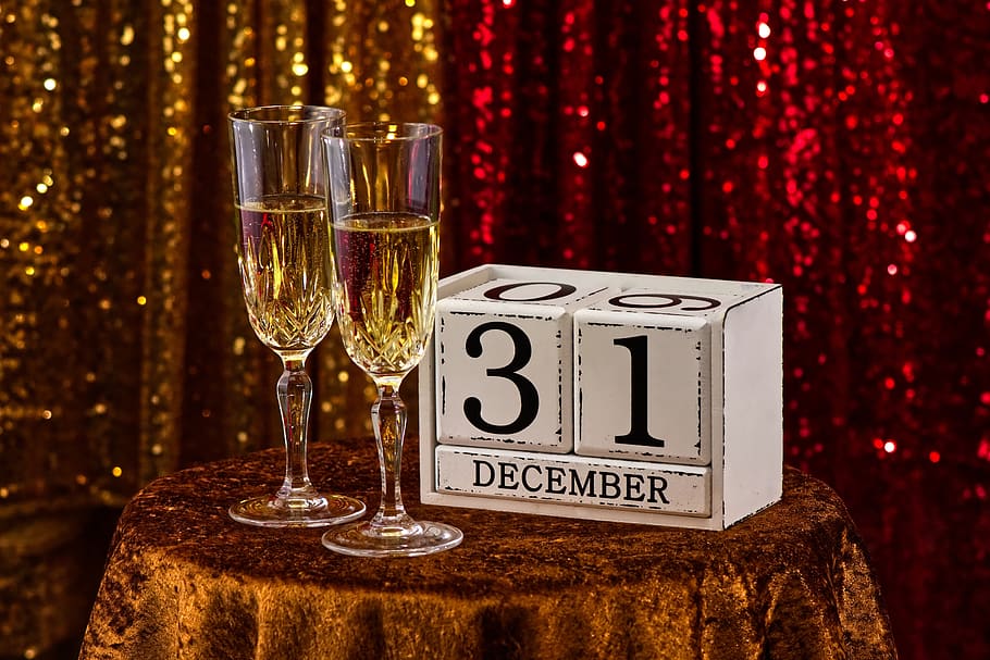 malam tahun baru, hari tahun baru, pesta, sampanye, gelas, berbatasan, keberuntungan, laporan keuangan tahunan, minum, merayakan