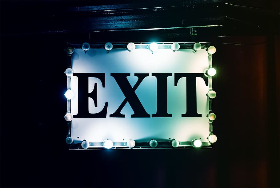 exit, sign, neon, typography, lights, bulb, light bulb, black, white, cinema
