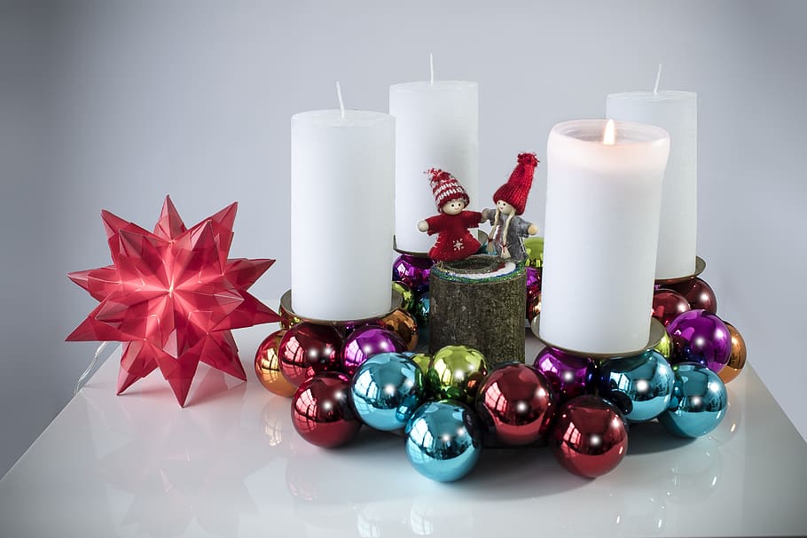 navidad, adviento, primer advenimiento, bolas, colorido, redondo, reflejo, reflejos, corona de adviento, velas