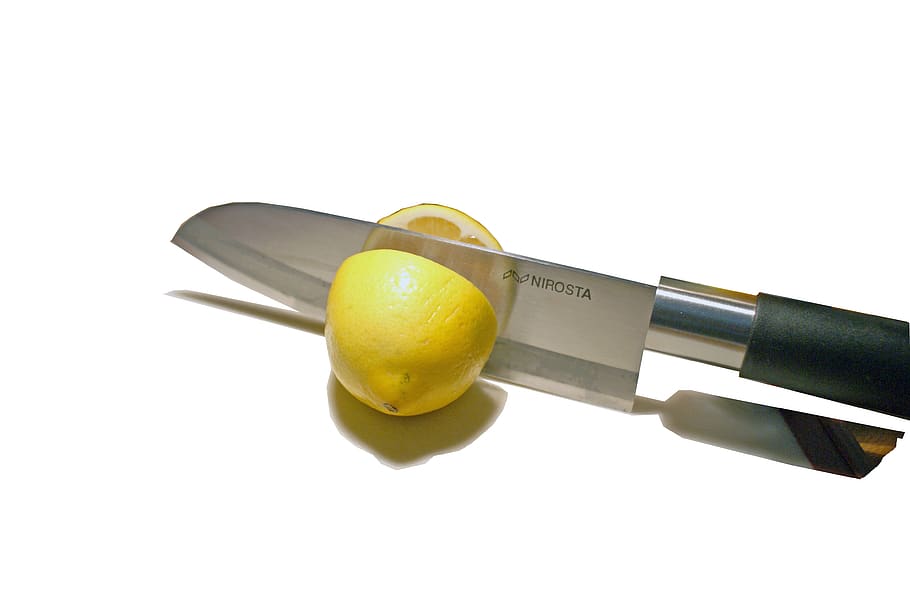 lemon, knife, chef's knife, preparation, food, studio shot, white background, healthy eating, yellow, fruit