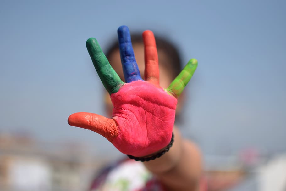 colorido, cinco dedos, niño, dedos, juguetón, calificación, dígito, preescolar, escuela, enseñanza