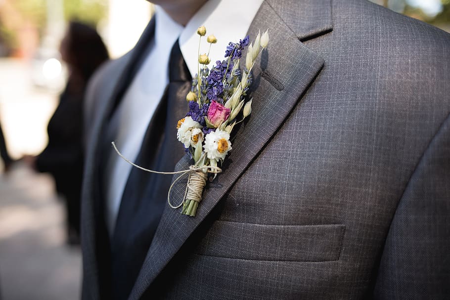 boutonniere, pengiring mempelai pria, pernikahan, bunga, pengantin pria, upacara, perayaan, pria, menikah, dasi