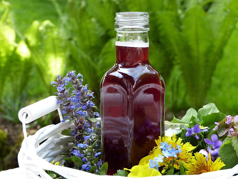 juice, flowers, bottle, glass, self-made, spring, basket, drink, nature, cold