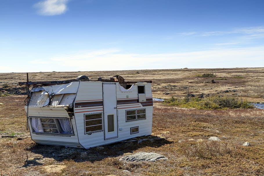 old, caravan trailer, turned, damaged., camping, trailer, abandoned, alone, barron, landscape