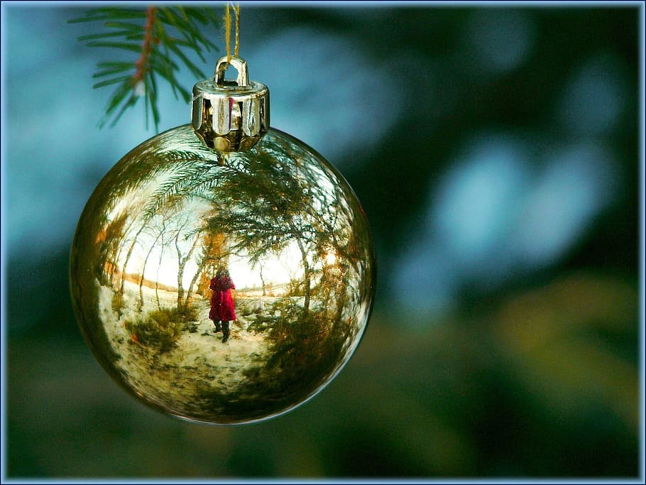 christmas, decoration, ball, golden, tree, one person, hanging, nature, outdoors, full length
