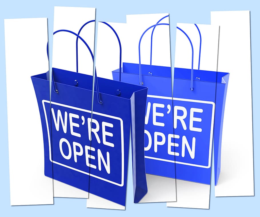 abrir, sacolas de compras, mostrando, inauguração, lançamento, estamos abertos, saco, começo, negócios, introdução