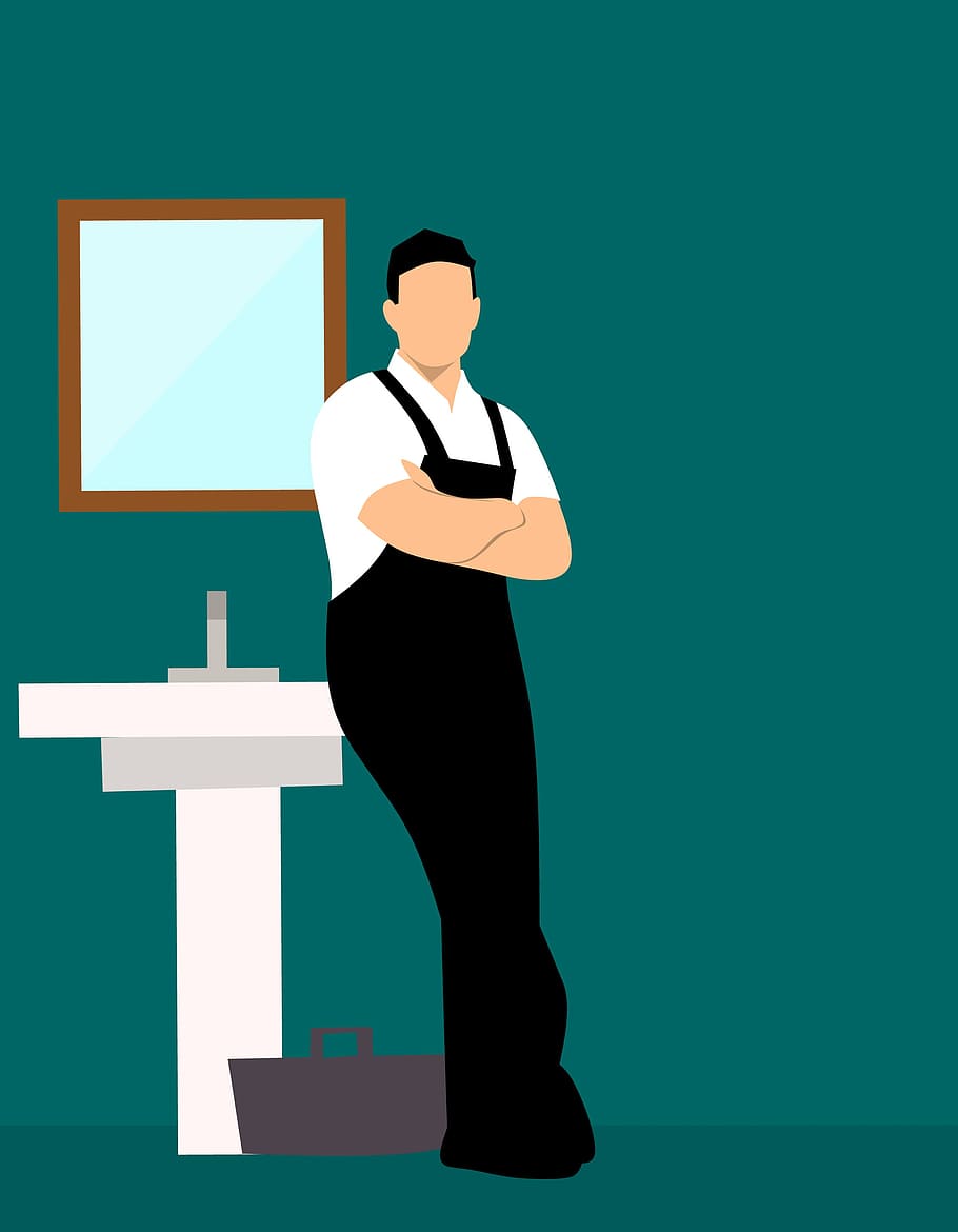 illustration, plumber, leaning, sink, working, fixtures, bathroom., man, bathroom, adjustable