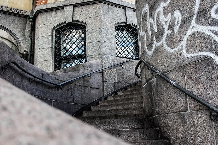 stairs, architecture, city, copenhagen, denmark, stone, stone stairway, spiral staircase, grafitti, masonry