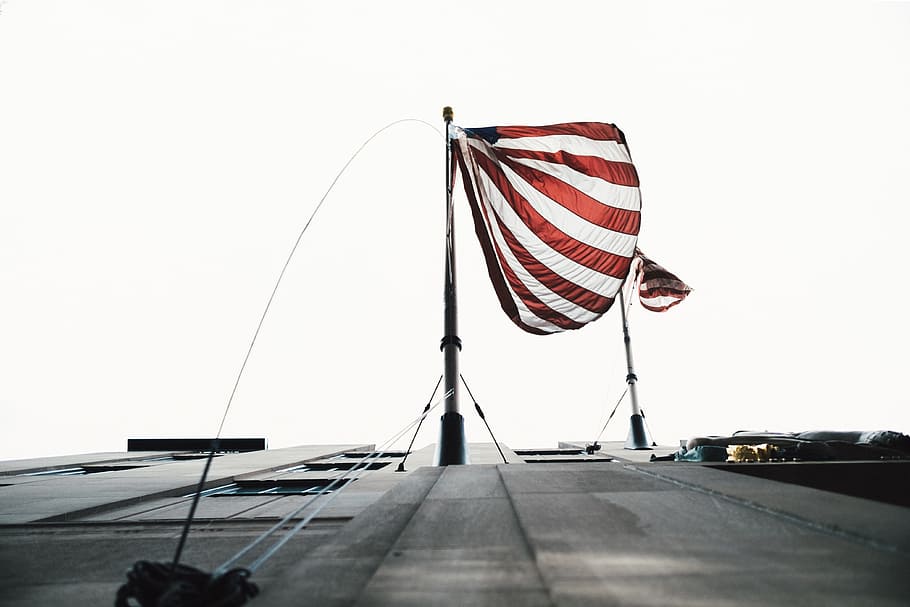 flag, pole, rope, metal, steel, building, structure, sky, windy, patriotism
