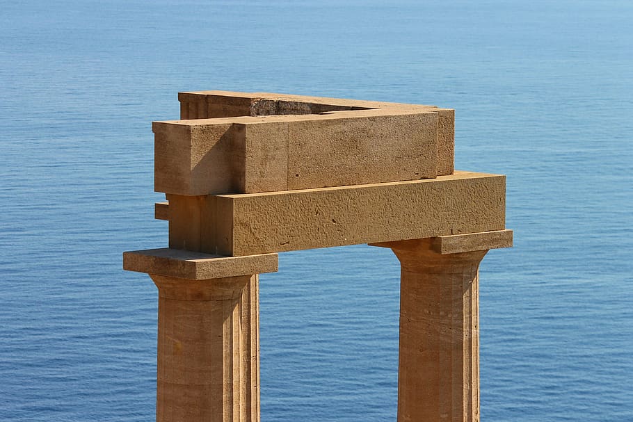 lindos, acropolis, columnar, greece, sea, blue, stony, stones, rhodes, history