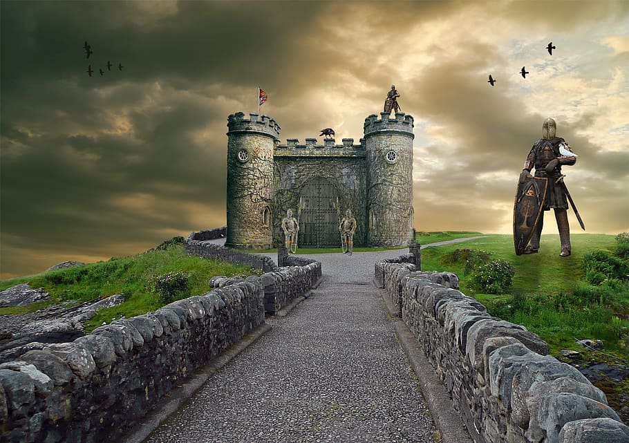 ksatria, kastil, fantasi, lanskap, abad pertengahan, benteng, batu bulat, burung, gagak, langit gelap