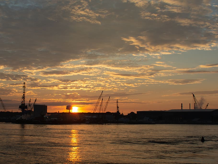 sunrise, portsmouth, nh, new england, shipyard, navy, harbor, sea, river, sun