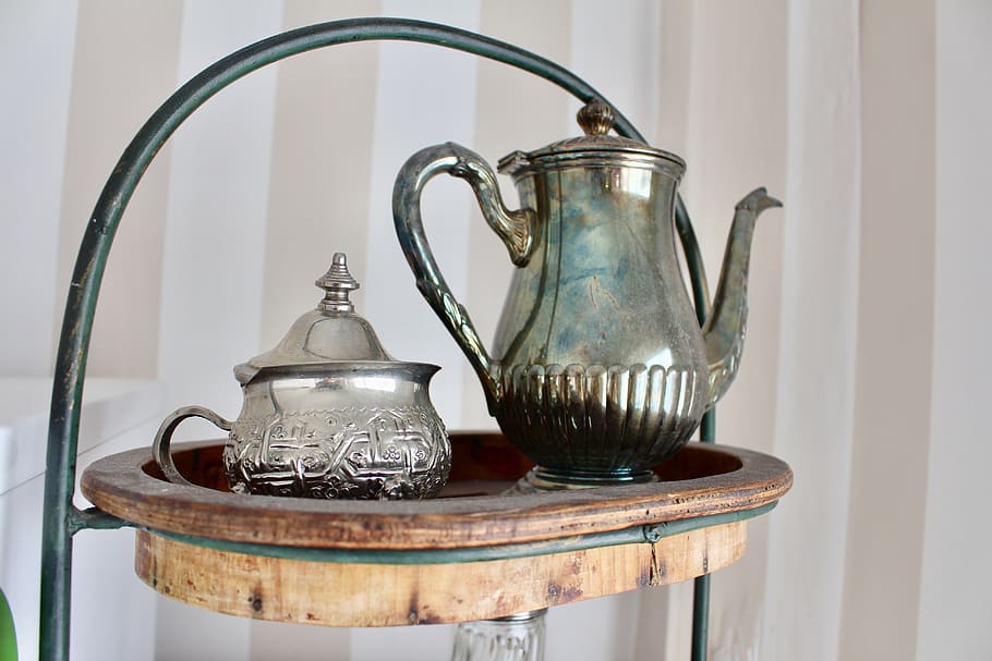 tea, silver, drink, still life, teapot, household equipment, table, metal, indoors, kitchen utensil