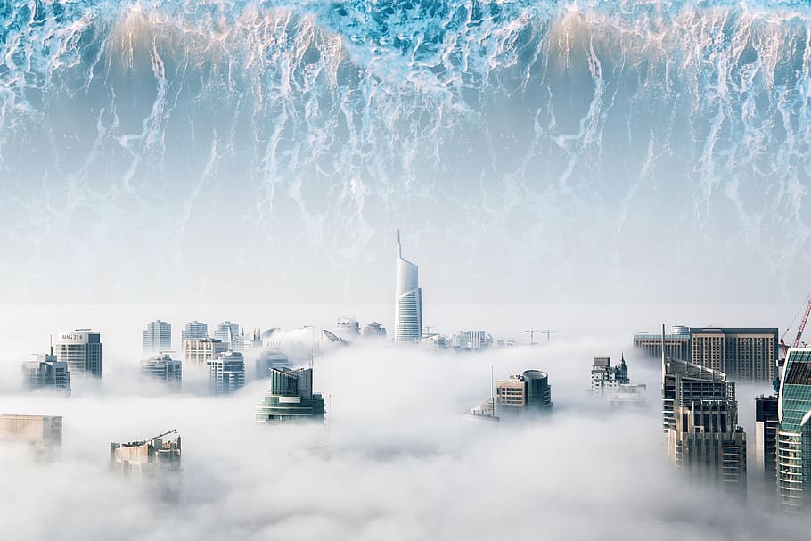 utopia, waves, a city with clouds, clouds, buildings, water, mythical land, gradient, nature, calm