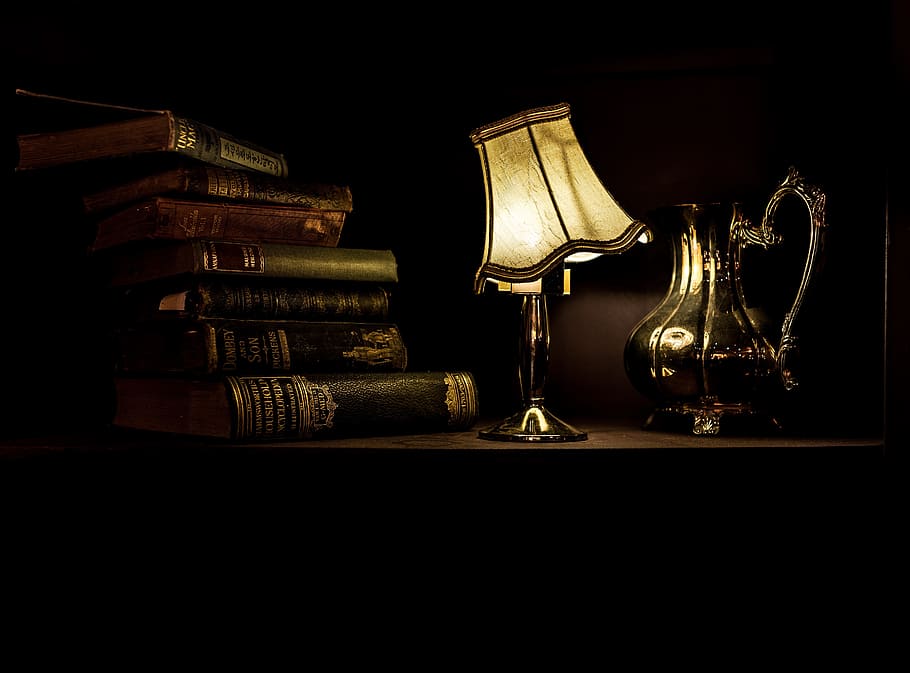 old, vintage, lamp, study, book, light, read, table, still, life
