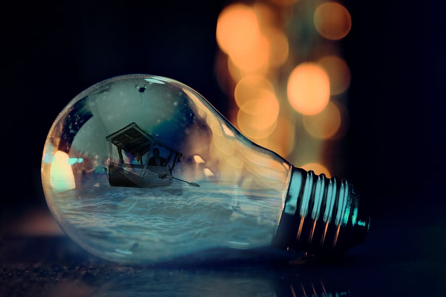 bulb, ocean, boat, shikara, art, graphics, imagination, glass, close-up, reflection
