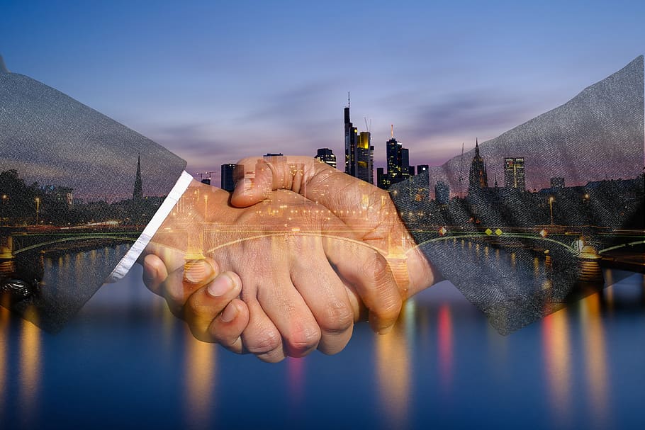 shaking hands, handshake, skyline, city, hands, welcome, agreement, contract, hand giving, negotiation