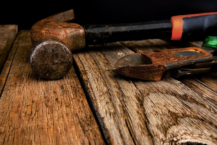 martelo e ferramentas, vários, construção, martelo, indústria, rústico, enferrujado, ferramenta, ferramentas, madeira