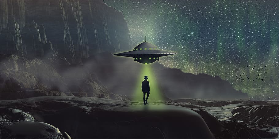 manipulation, ufo, landscape, man, fog, northern light, birds, one person, beauty in nature, water