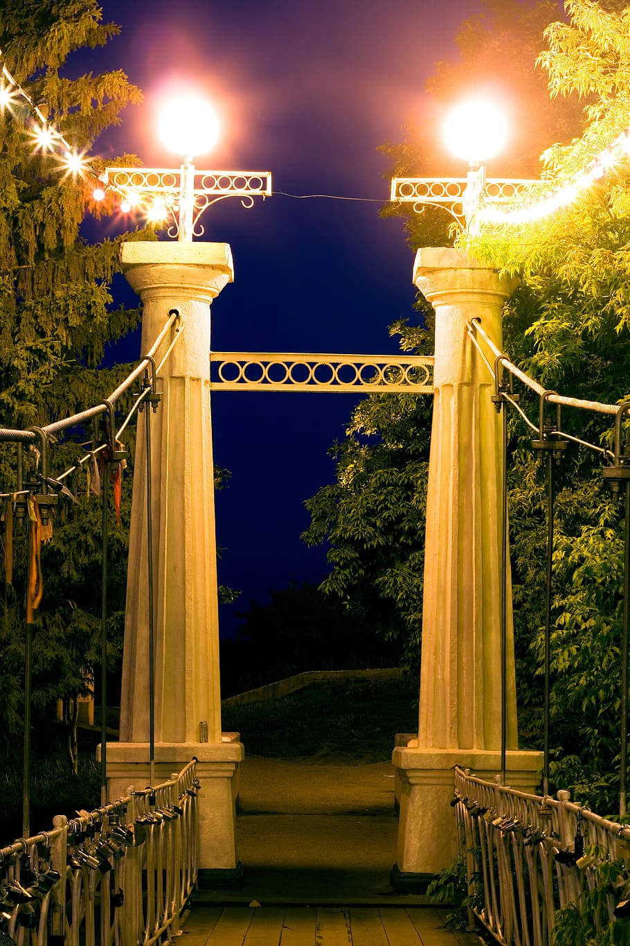 puente, columna, tarde, iluminado, luz, noche, antiguo, parque, pilar, retro