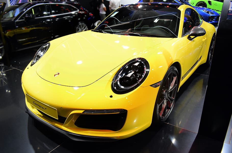 vehicle, automobile, car, porsche, vehicle yellow, automotive, sports, speed, front, to shock