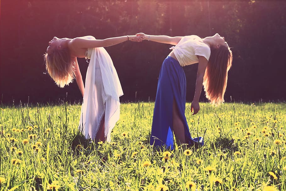 girls, friends, holding hands, dress, fashion, long hair, sunset, field, flowers, grass